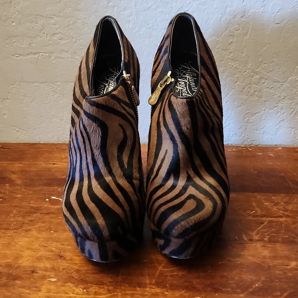 ALEJANDRO INGELMO Platform Zebra Animal Print Pony Hair Heels Bootie 38